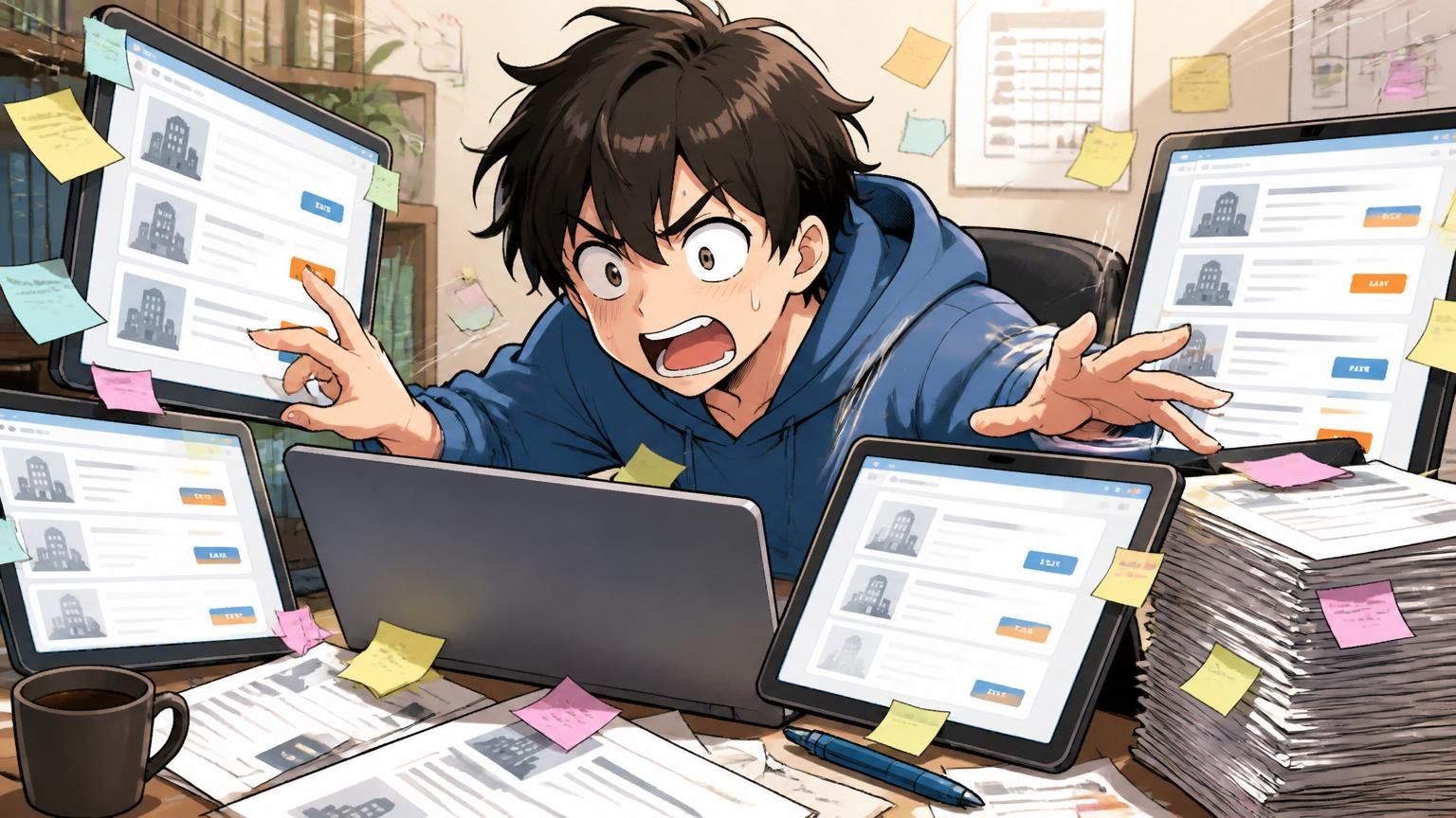 焦って複数の求人に手当たり次第応募しようとする若手エンジニアのデスク周り