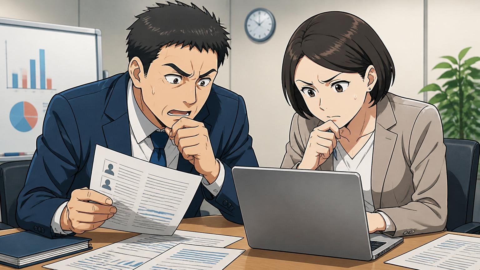 企業の会議室で少ない採用枠について話し合う採用担当者2人が真剣な表情で書類とノートパソコンを見比べる