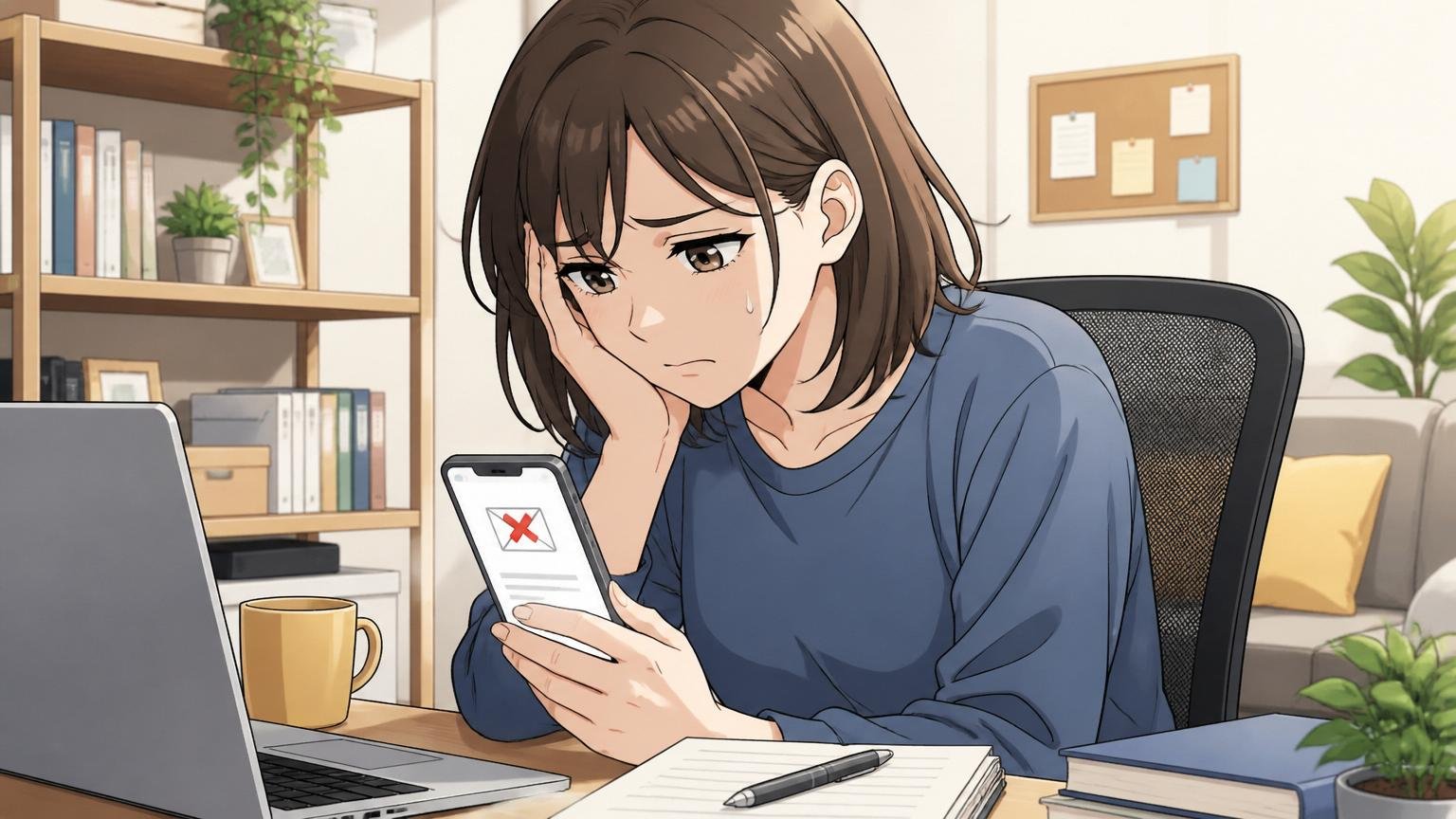 1社の不採用で市場価値は決まらない 自宅のデスクで在宅勤務中の女性エンジニアが不採用メールを見て肩を落とす