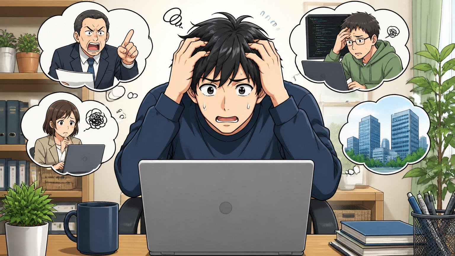 転職先選びに悩むエンジニア｜自宅のデスクで在宅勤務中にノートPCを前に頭を抱える男性