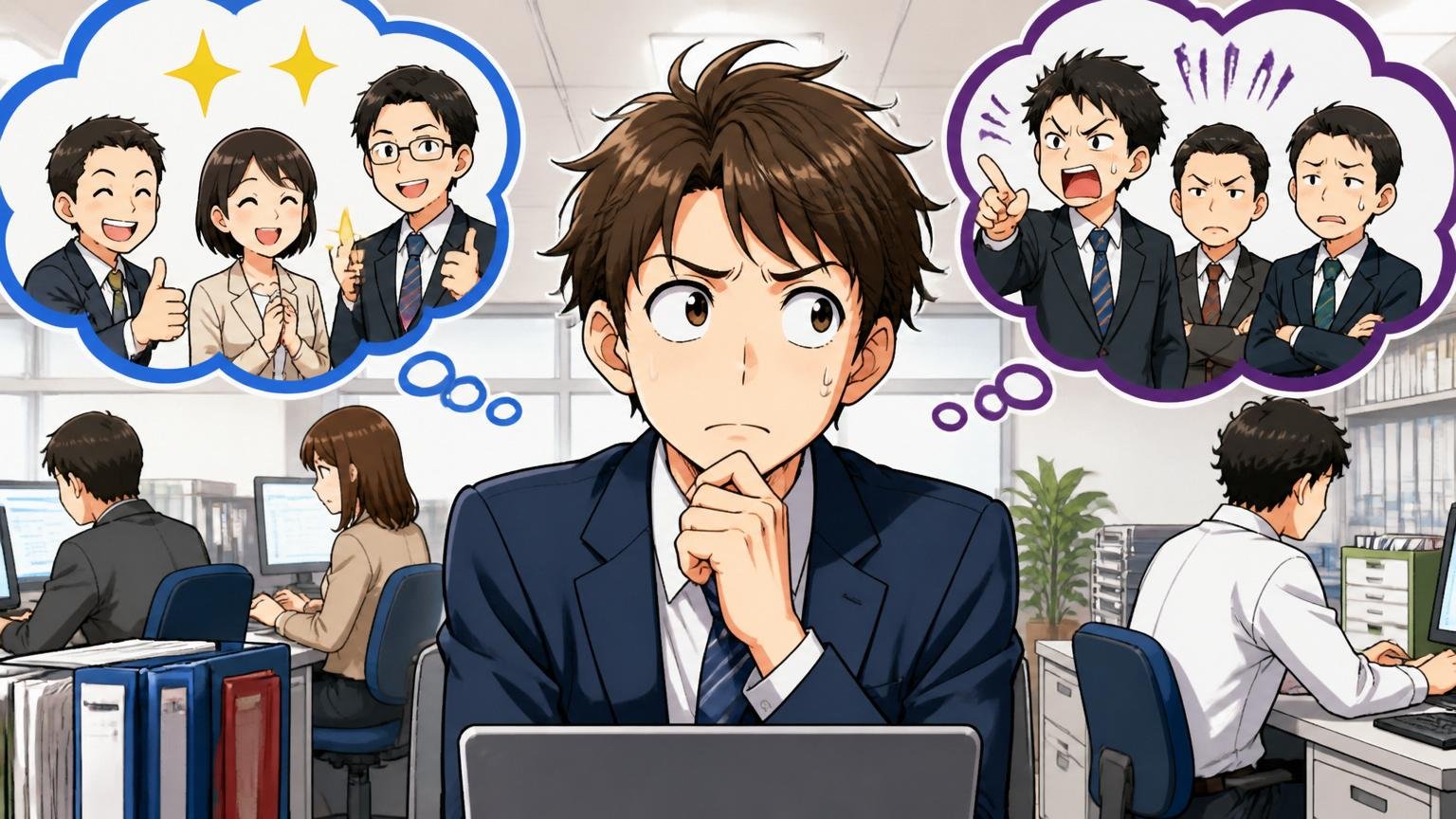 オフィスで頭上に良い評判と悪い評判の吹き出しを浮かべ困惑する若手社員1人、眉を寄せる表情