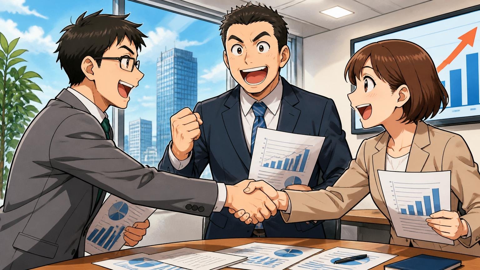 東証上場グループ入りを示す場面。企業の会議室で3人のビジネスパーソンが資料を手に明るい表情で握手している