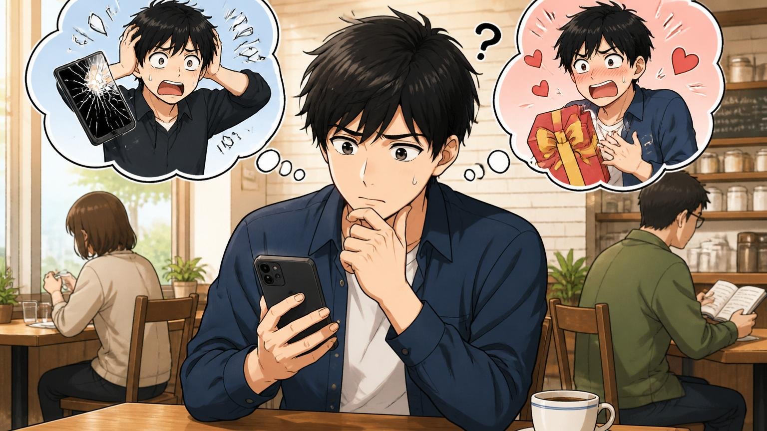 やばいの2つの意味で迷う場面。カフェの席でスマホ画面を見つめ、首をかしげて困惑する20代男性1人