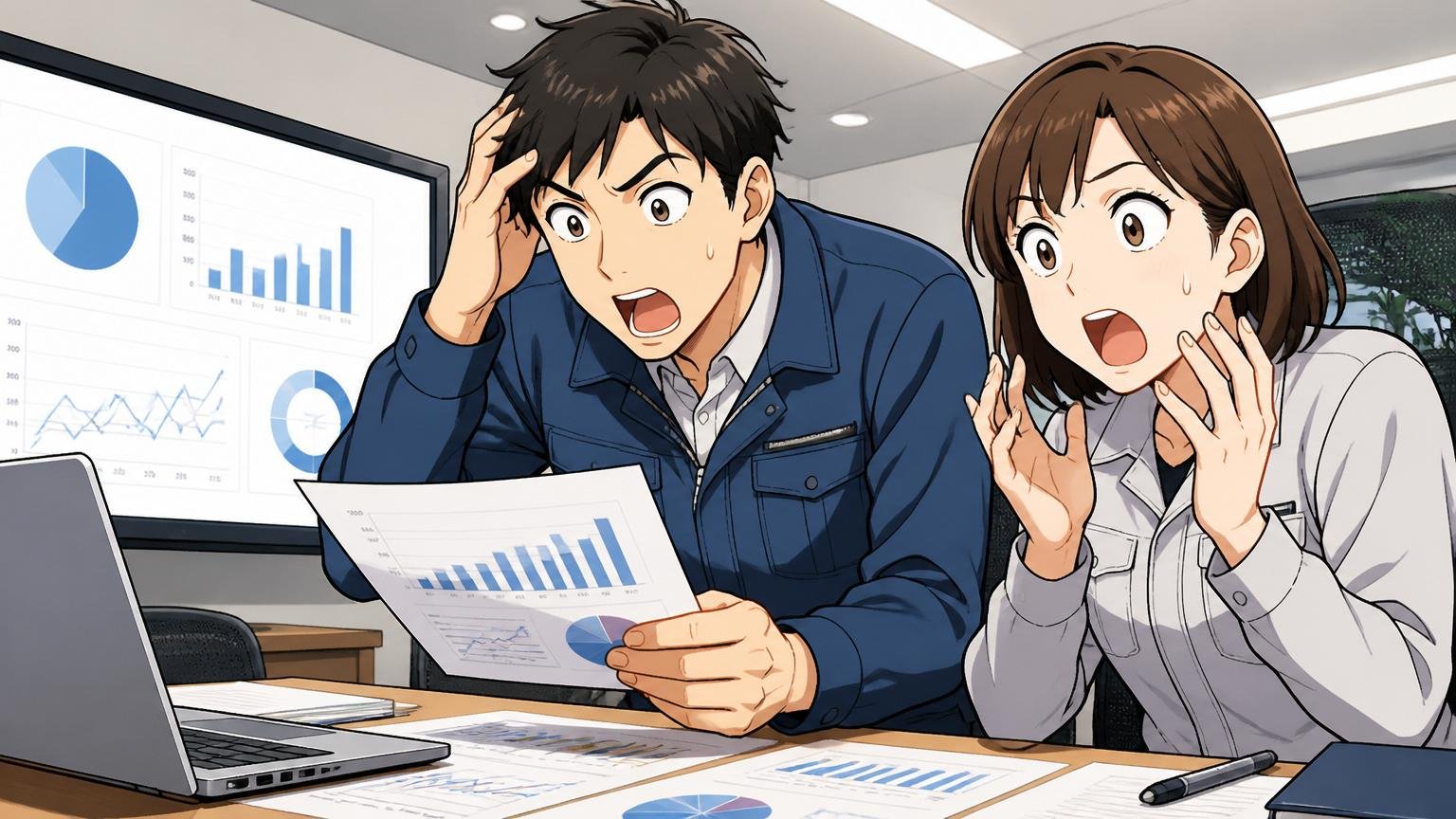 企業の客観データを確認する。会議室で会社概要の資料を見て驚く30代の男女エンジニア
