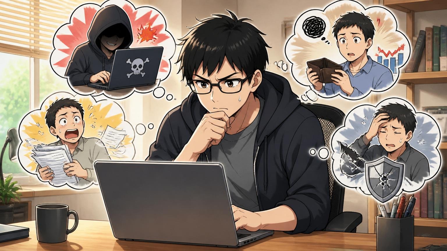 検索する人の本音は自分にとってリスクか。自宅のデスクでノートPCを見つめ真剣な表情で考え込む30代男性エンジニア1人