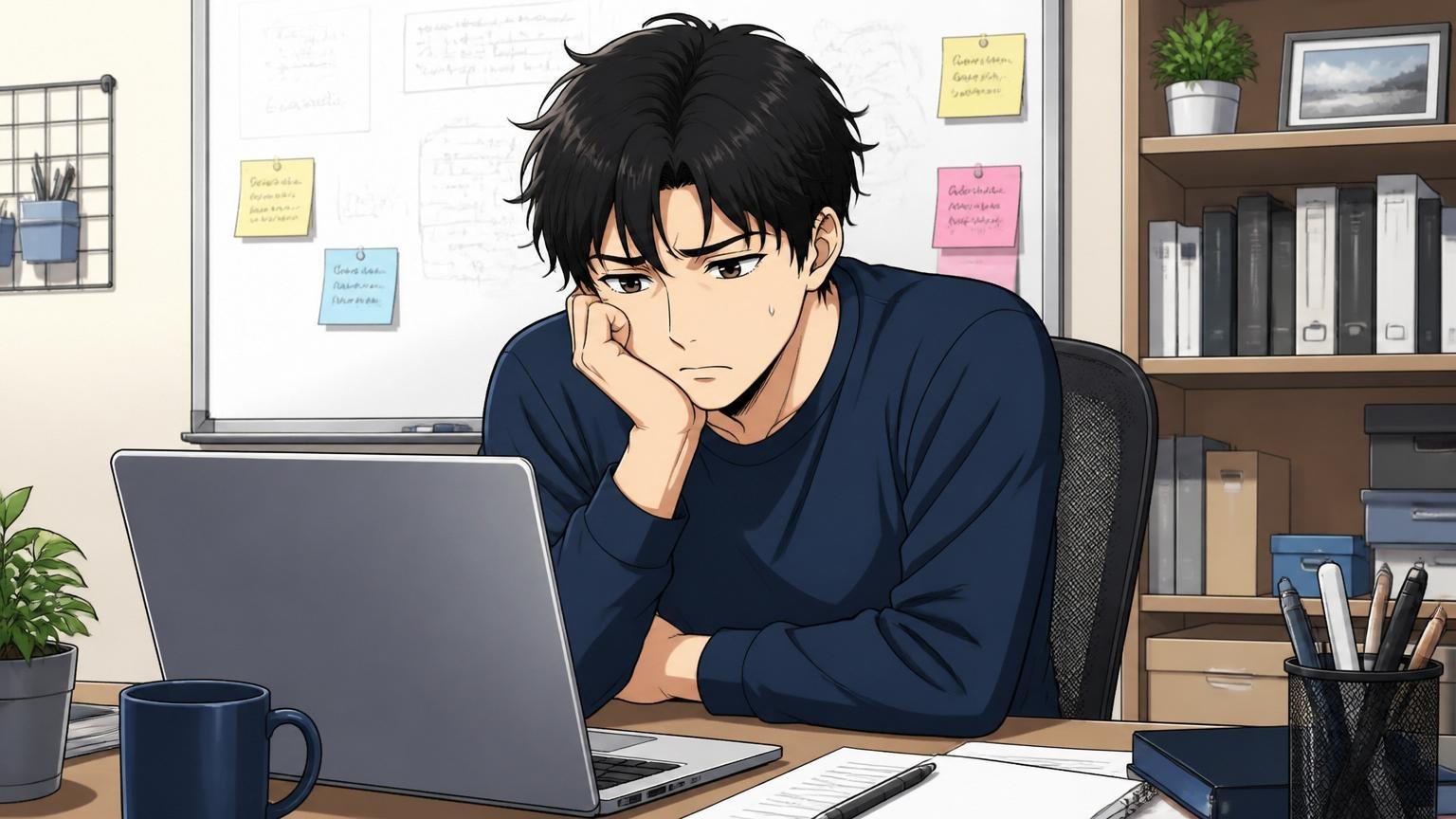検索者の本当の不安。自宅のデスクでノートPCを見ながら不安げに頬杖をつく男性エンジニア1人
