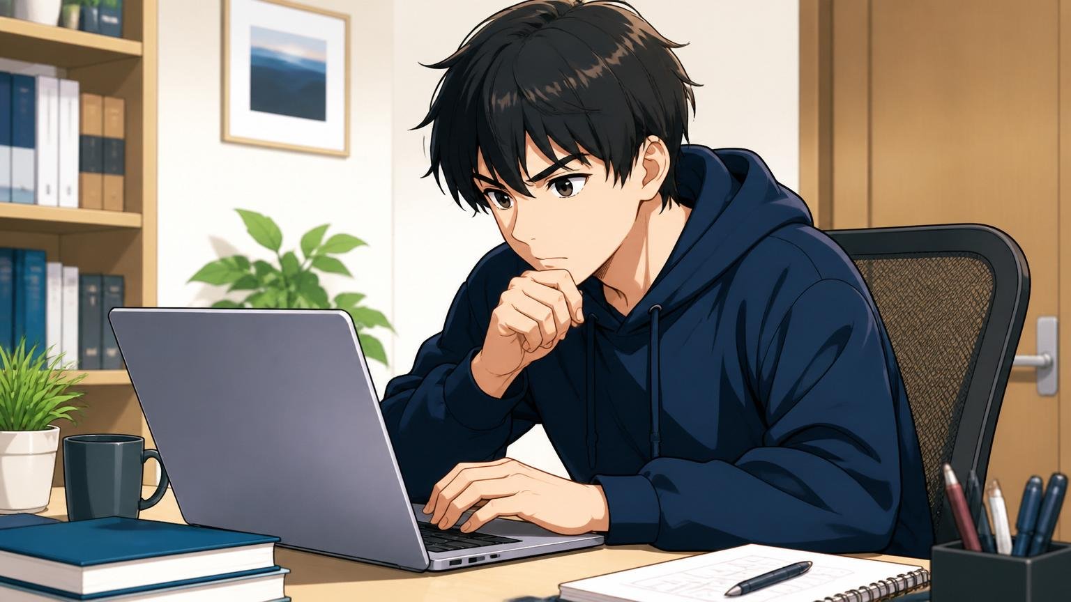 株式会社HALの基本情報を押さえる。自宅のデスクでノートPCの企業情報を見る20代エンジニア1人、真剣な表情