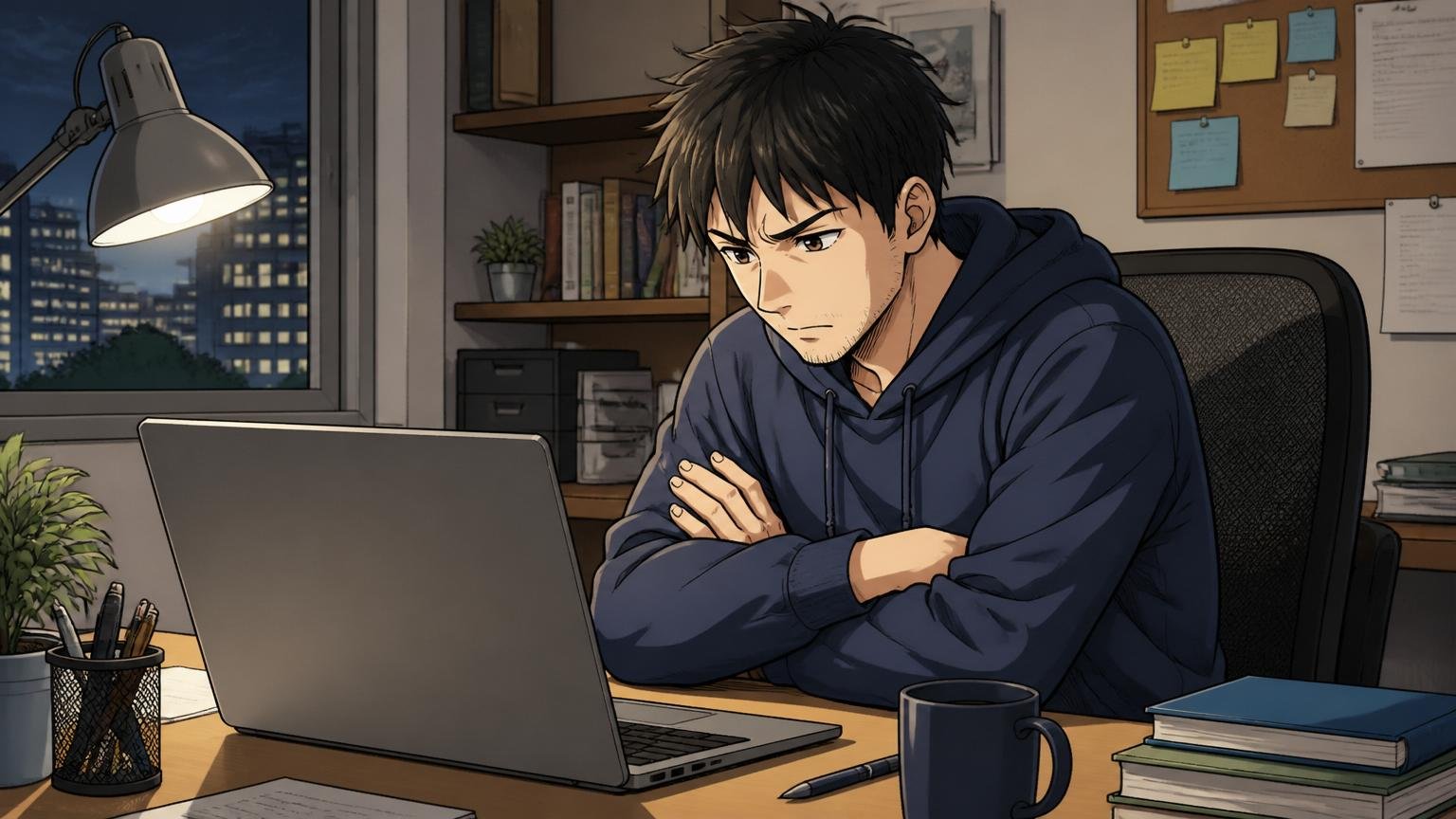 自宅のデスクで深夜にノートPCを開き転職サイトの企業ページを見ながら腕を組んで考え込む30代男性エンジニア1人