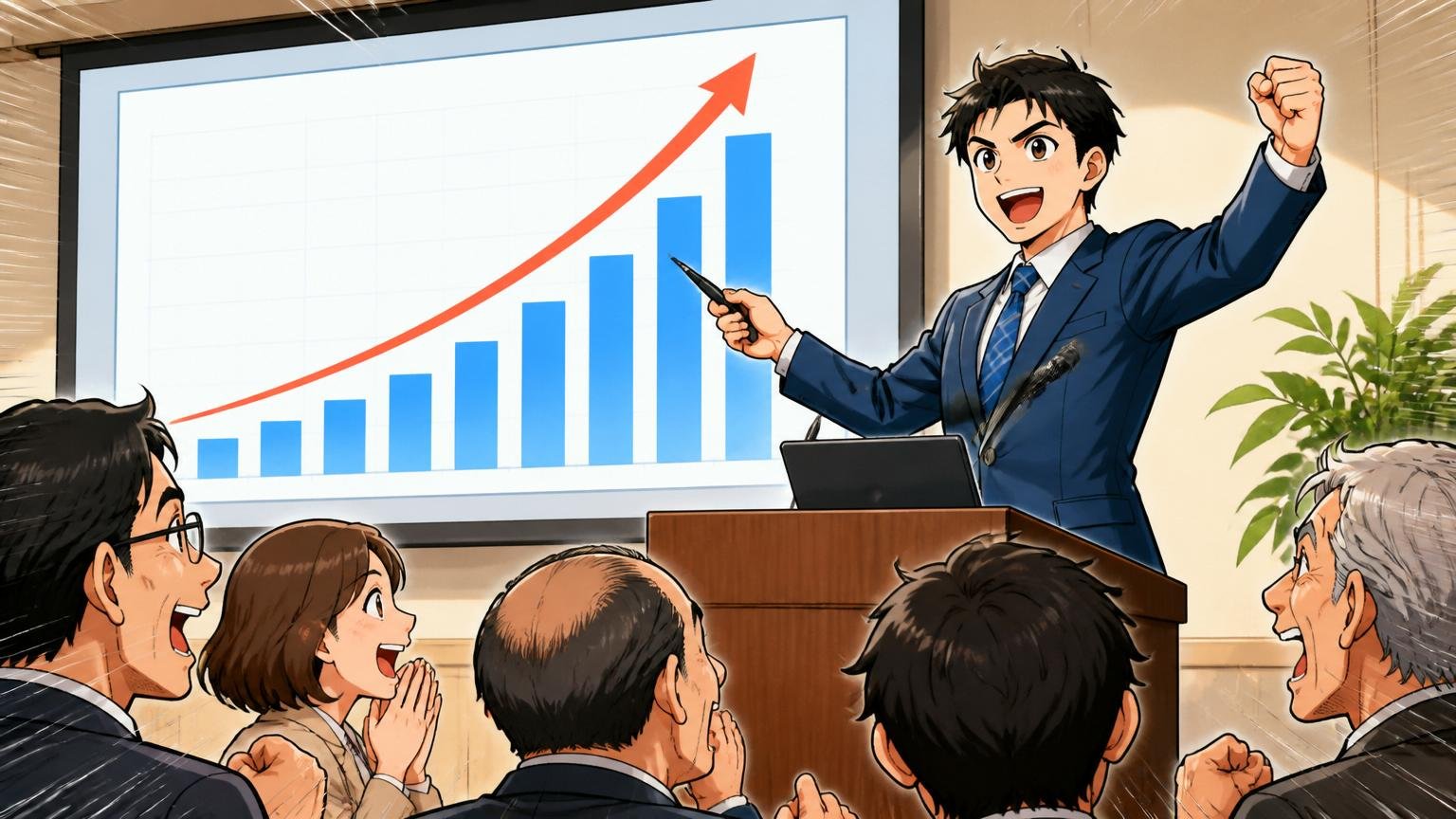 上場企業としての実体と成長性 投資家向け説明会の会場で登壇者が右肩上がりのグラフを示し力強い表情