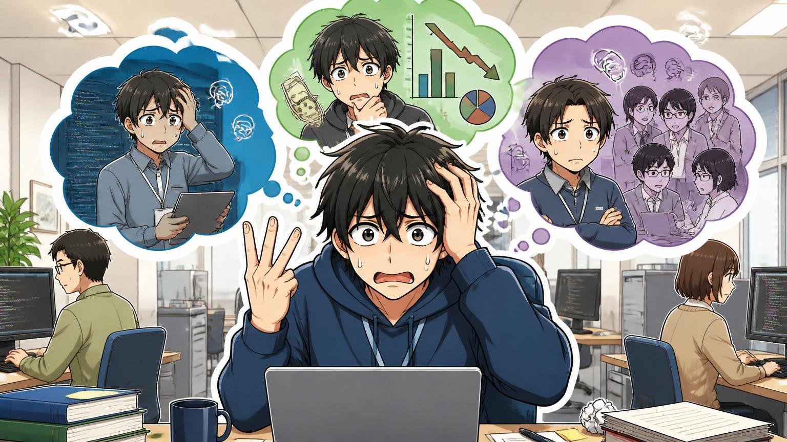 「やばい」の正体は3つの不安に分けられる。IT企業のオフィスで若手エンジニアが頭を抱え3本指を立てて悩む