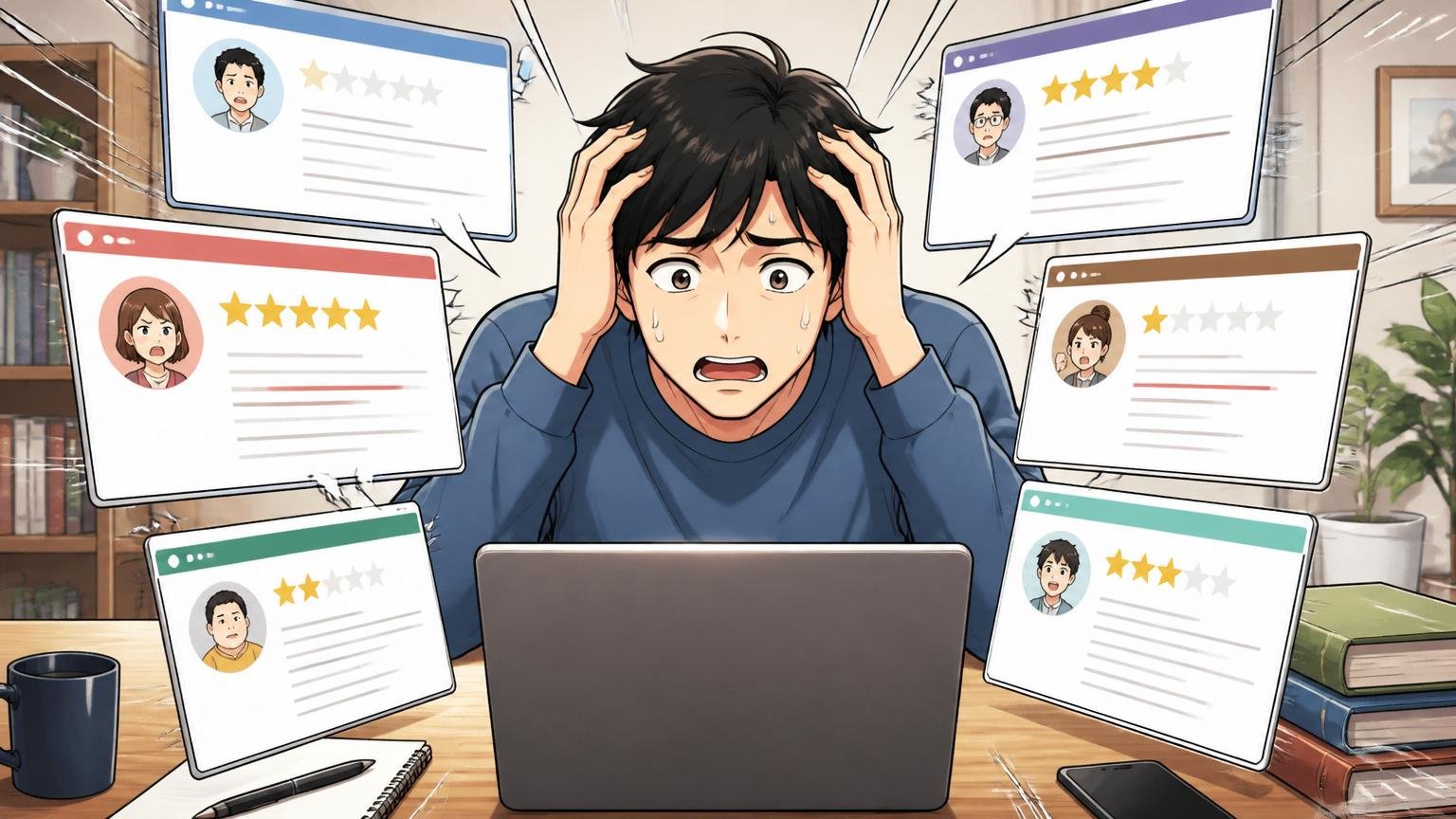 ネットの口コミだけで判断するのが危険な理由、自宅のデスクで複数の口コミ画面に困惑する30代男性1人
