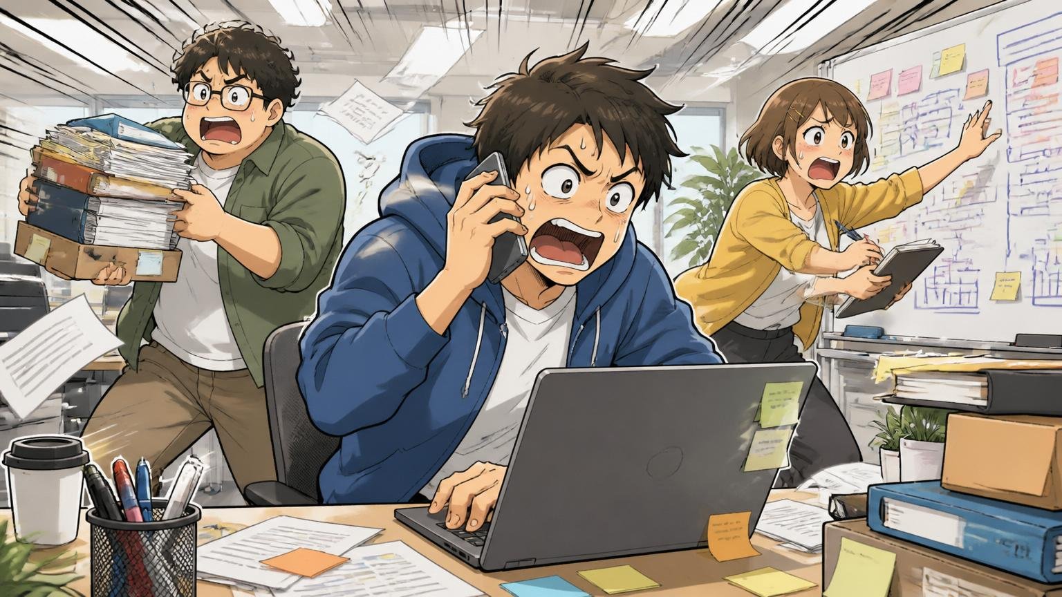 なぜ成長企業は「やばい」と言われやすいのか。スタートアップのオフィスで社員3人が慌ただしく動き回る様子