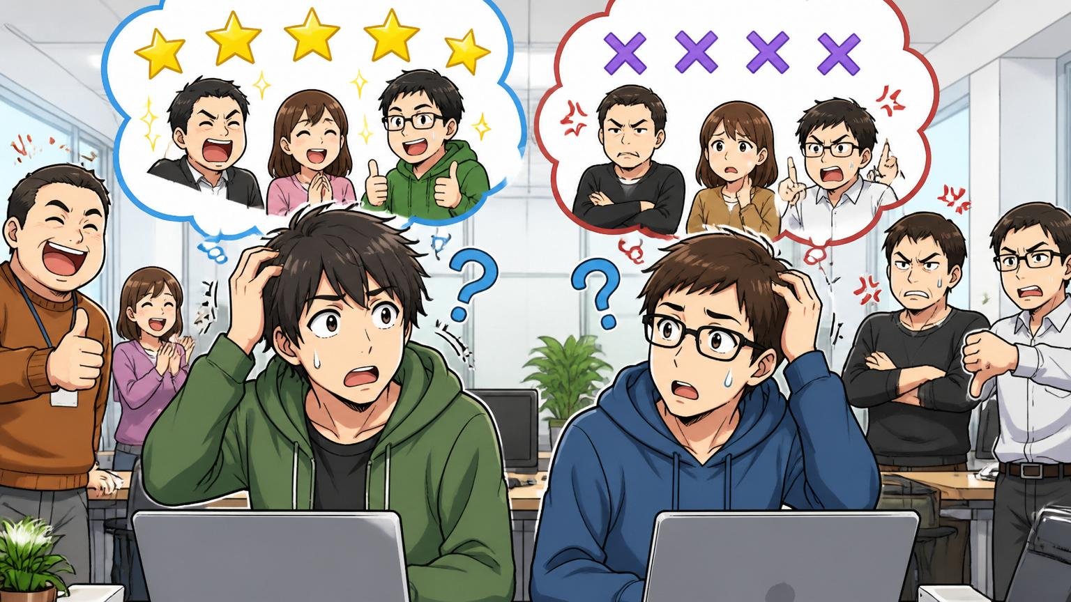 Web系企業のオフィスで2人のエンジニアが正反対の評判に困惑し首をかしげる表情