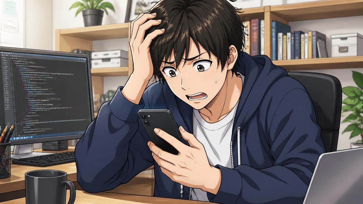なぜやばいと検索されるのか、自宅デスクでスマホ検索し不安げな20代男性エンジニア1人