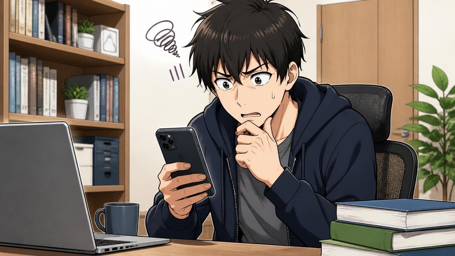 なぜやばいと検索されるのか 自宅のデスクでスマホ検索し不安げな20代男性エンジニア1人