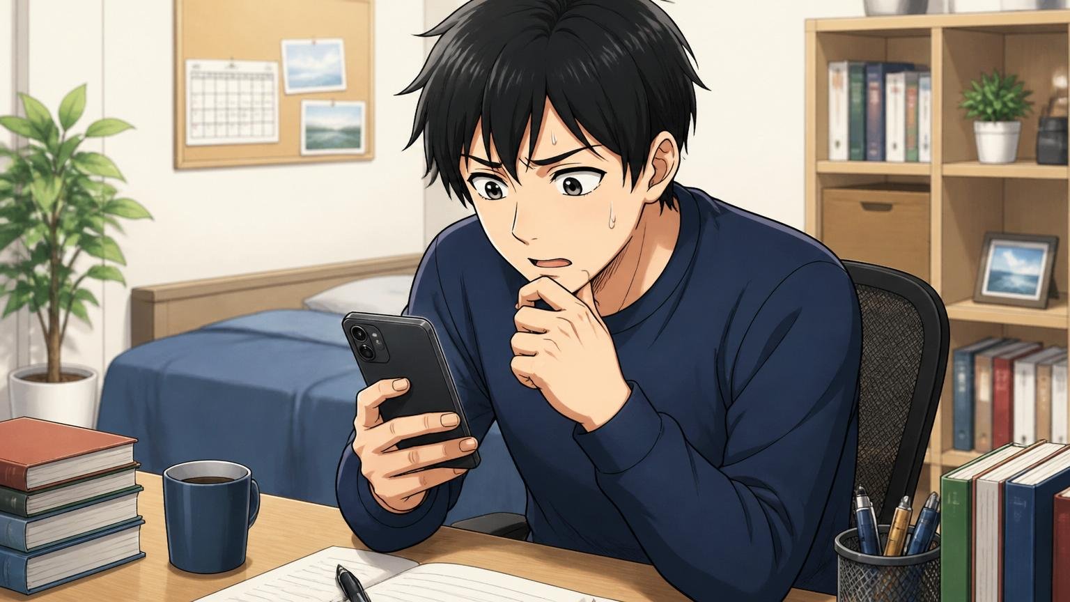 SHINKOがやばいと検索される理由、自宅のデスクで20代男性がスマホで会社の評判を検索し不安げな表情