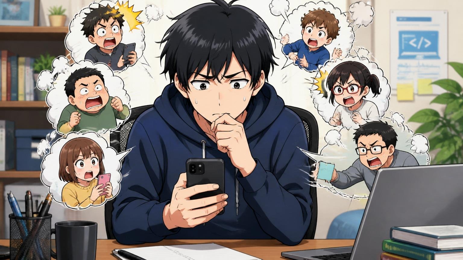 なぜ「やばい」が独り歩きするのか 自宅のデスクでスマホを見る若手エンジニア1人が不安そうに眉をひそめている
