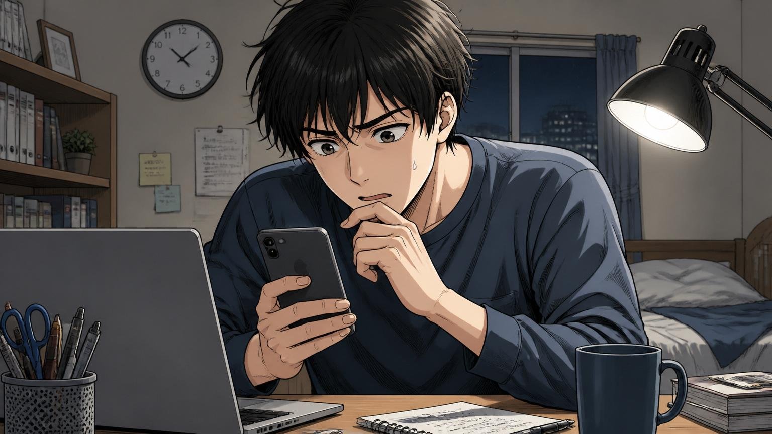 なぜ「やばい」と検索されるのか。自宅のデスクでスマホで会社の評判を深夜に検索する20代男性が不安そうな表情