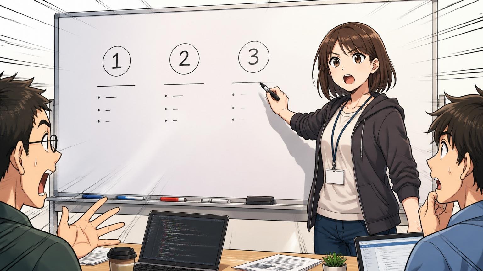 やばいの中身を3つに整理する場面。会議室でホワイトボードに3つの論点を書き出す30代女性エンジニア1人