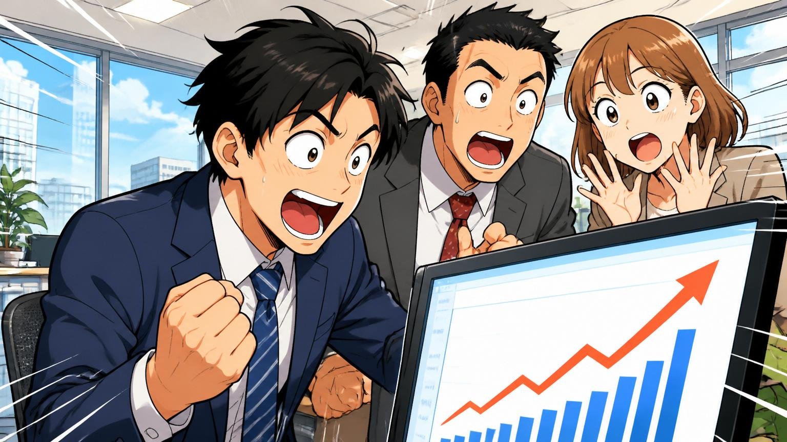 急成長するIT企業の右肩上がりの業績を見て驚く、オフィスで3人のビジネスパーソンの興奮した表情