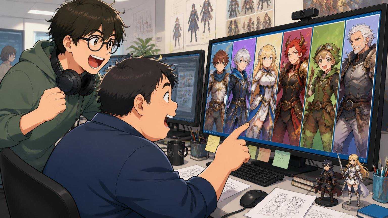 主要タイトルラインナップ。ゲーム会社の開発室でモニター越しに自社タイトルのキャラ画面を確認するエンジニア2人