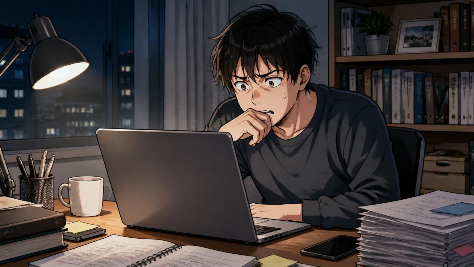 深夜の自宅デスクで在宅勤務のエンジニア1人がノートPCで企業の評判検索画面を不安そうに見つめる