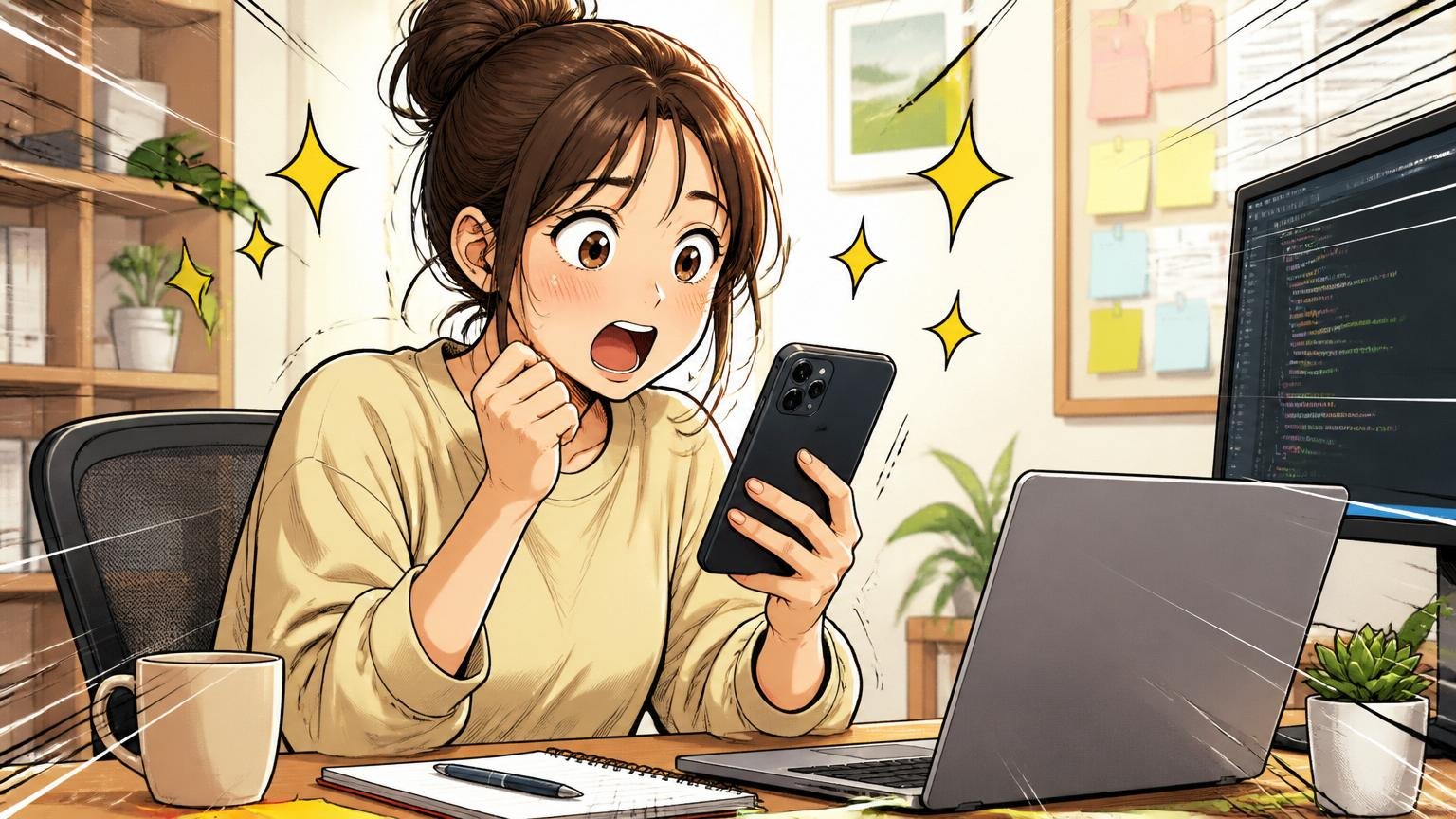 ポジティブな意味でやばい（凄い）のか確かめる場面、自宅のデスクで在宅勤務する30代女性エンジニア1人、スマートフォンでNASDAQ上場のニュースを読んでいる表情