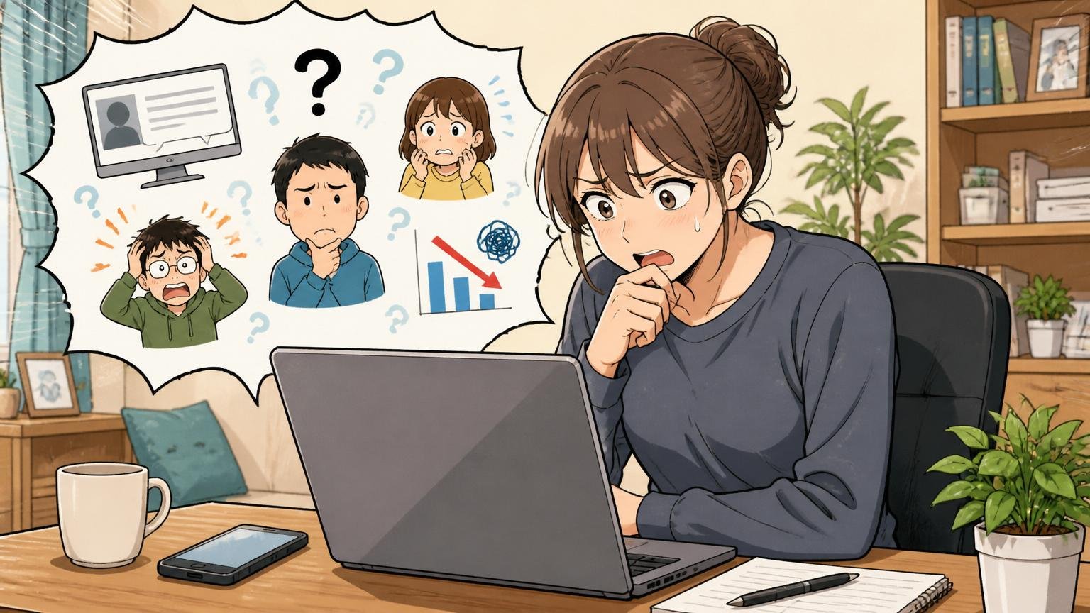 OpenWork等クチコミ未投稿の事実を解説、自宅のデスクで在宅勤務、エンジニア女性1名がノートPCを覗き込む