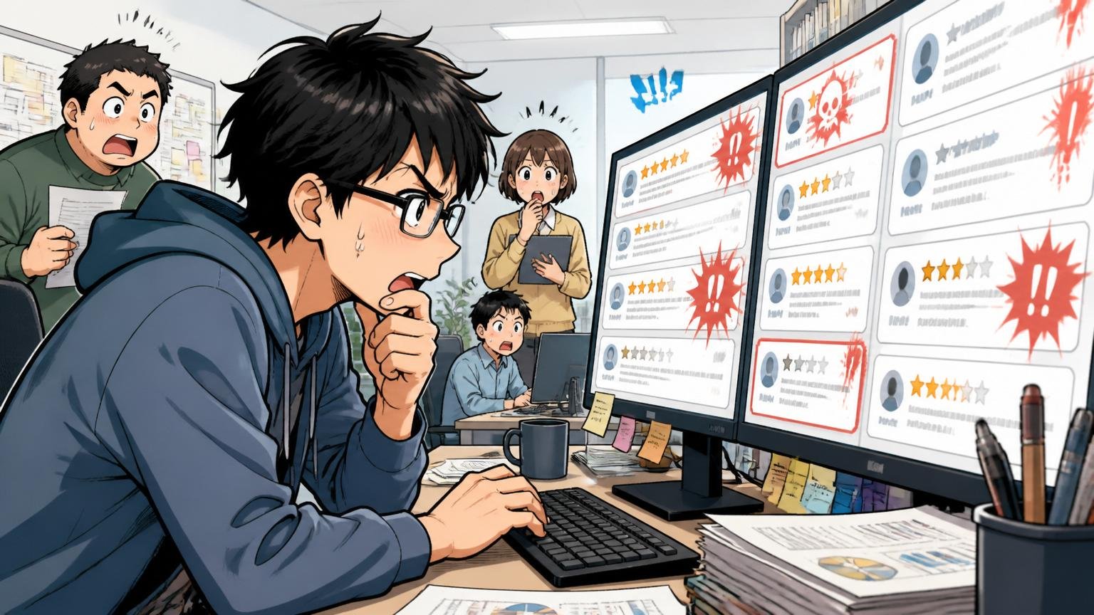 口コミに頻出するやばいの中身を分析する企業のオフィスで複数のレビュー画面を見つめるエンジニア