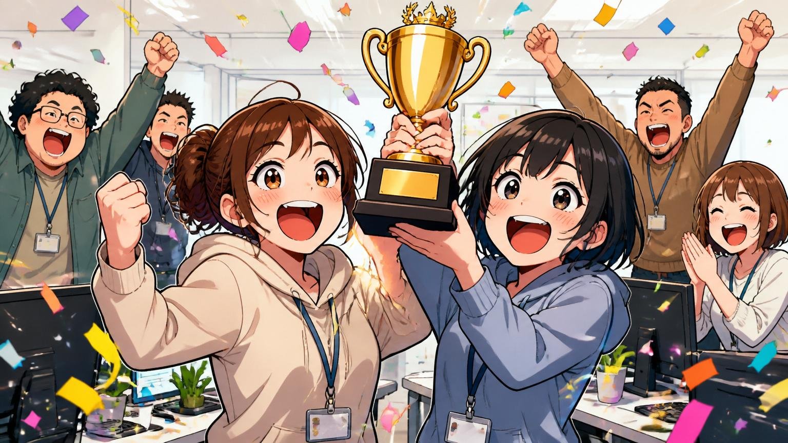 ポジ寄りの「やばい」3パターン｜Web系IT企業のオフィスで受賞トロフィーを掲げ歓喜する若手女性エンジニア2名
