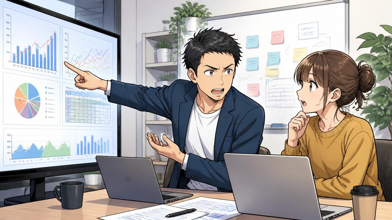 ブラック企業と即断できない事業側の事実、Web系スタートアップの会議室、30代男性と20代女性の2人、データを指差して説明する表情