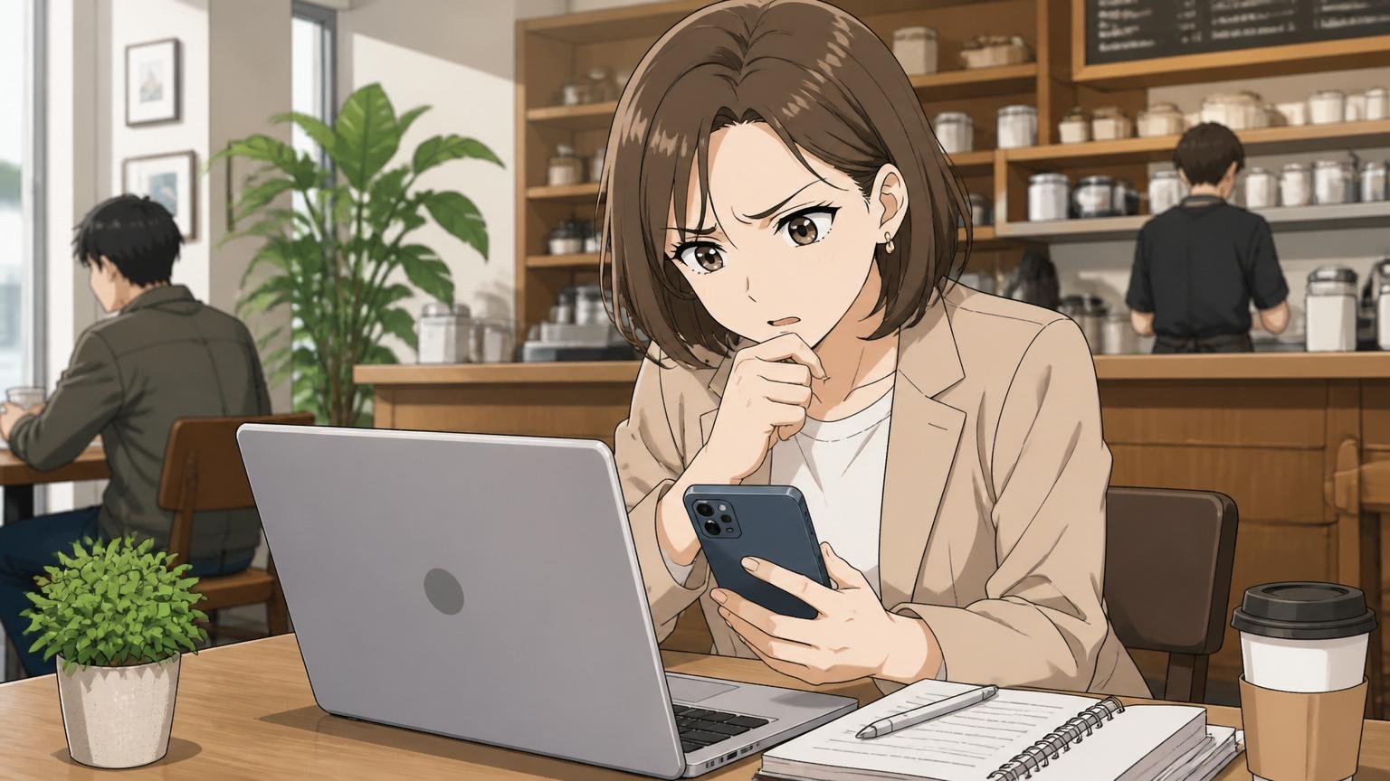 Yahoo知恵袋の口コミを読みながら困惑するエンジニア、カフェで転職活動中、30代女性1人、眉をひそめる表情