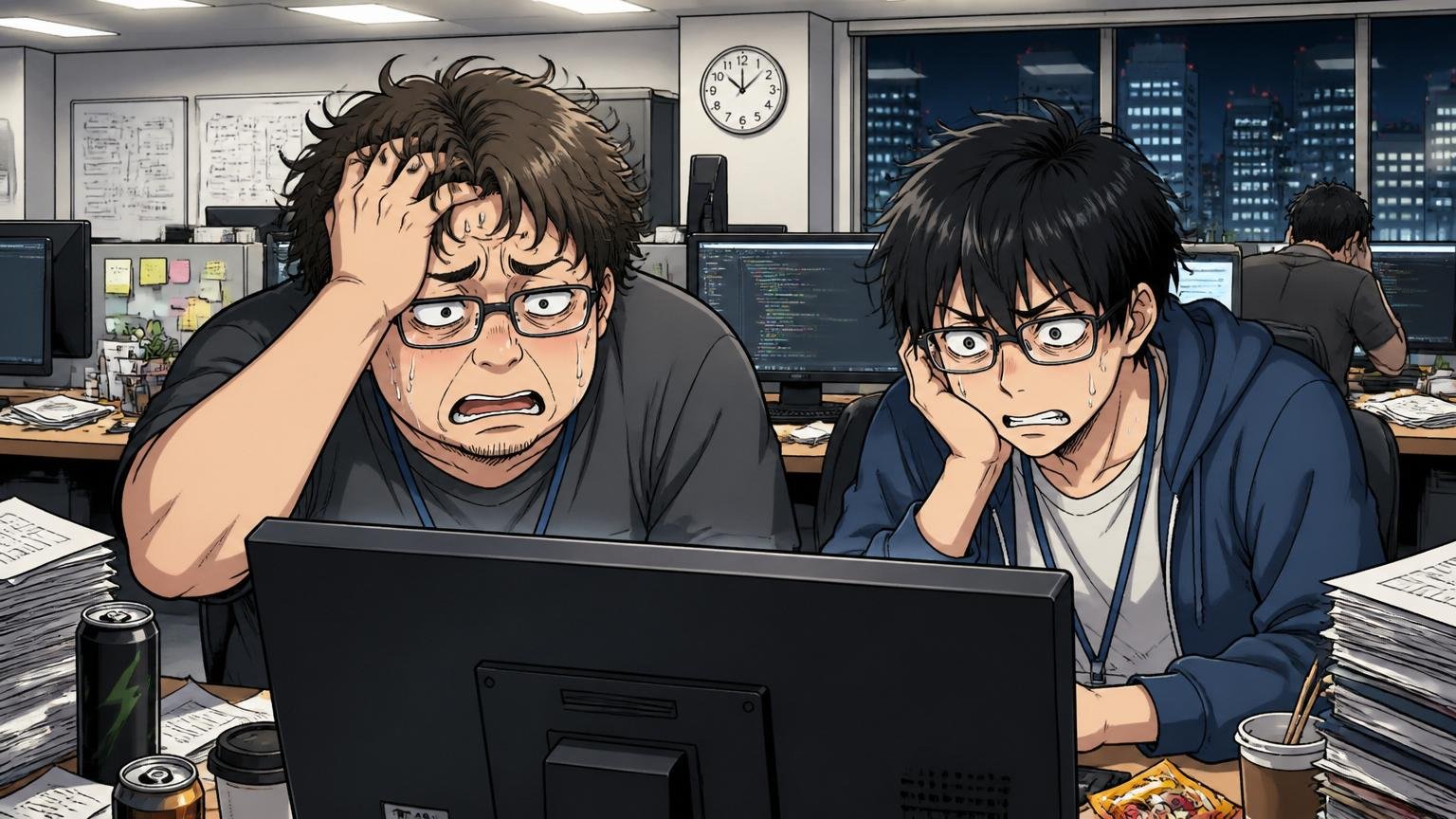 ネガティブな"やばい"の3要素を表すWeb系メガベンチャーのオフィスで深夜残業中のエンジニア2名がモニターを見つめる疲労感のある様子