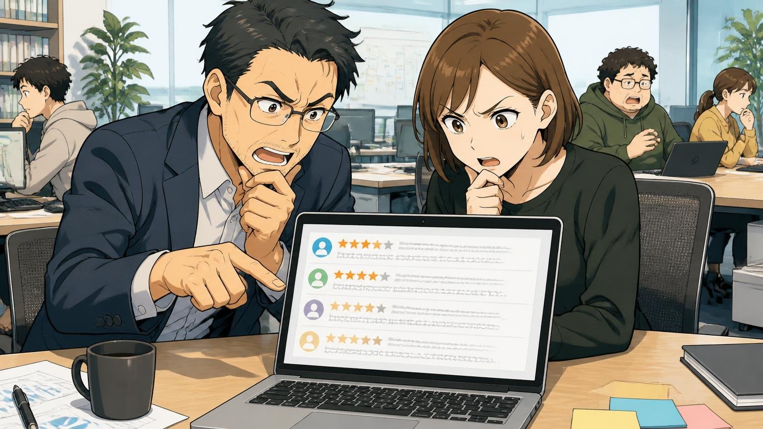 Techouseに対する世間の声を集めてみた。Web系スタートアップのオフィスで40代男性メンターと30代女性エンジニアの2人が、口コミサイトを見ながら真剣に議論する表情