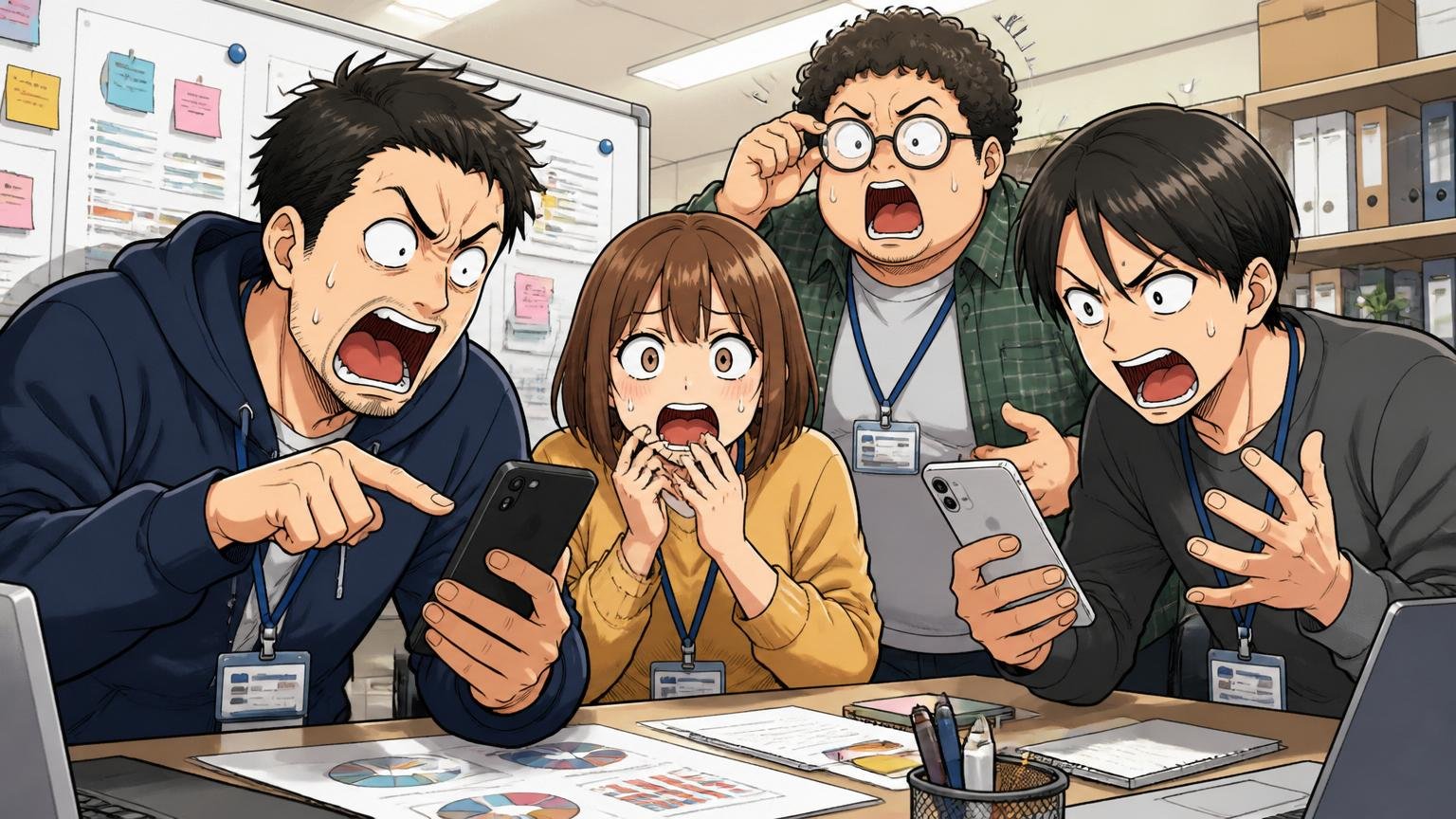 ネット口コミが偏る構造 SNS編集部のオフィスでスタッフがスマホを覗き込みながら議論する場面