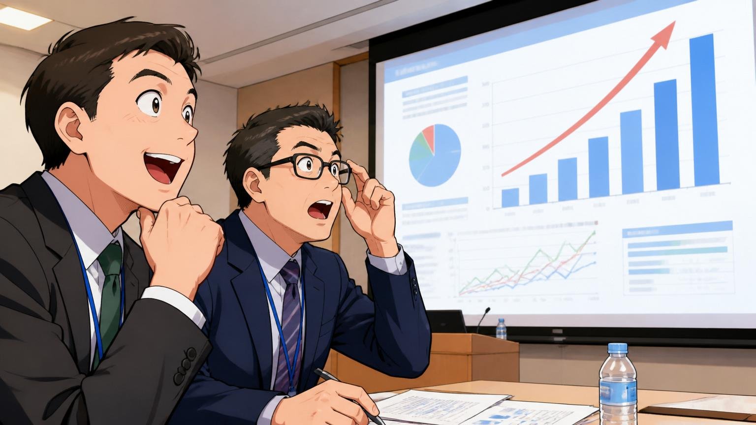 直近業績は過去最高更新中 IR説明会のスクリーンで決算スライドを見るアナリスト2人、感心した表情
