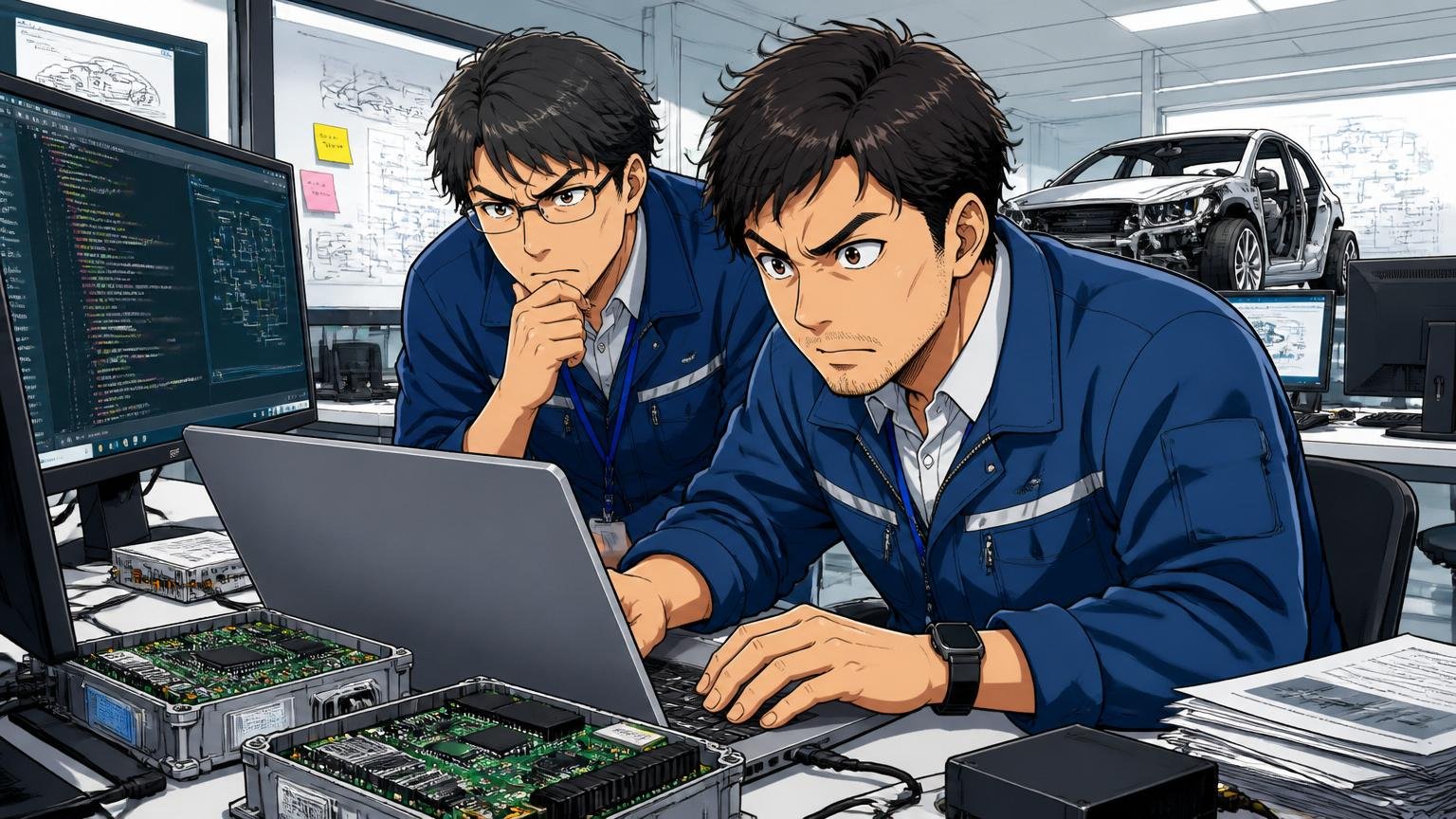 自動車部品メーカーの開発現場で組み込みソフト開発の業務に没頭する30代エンジニア2人
