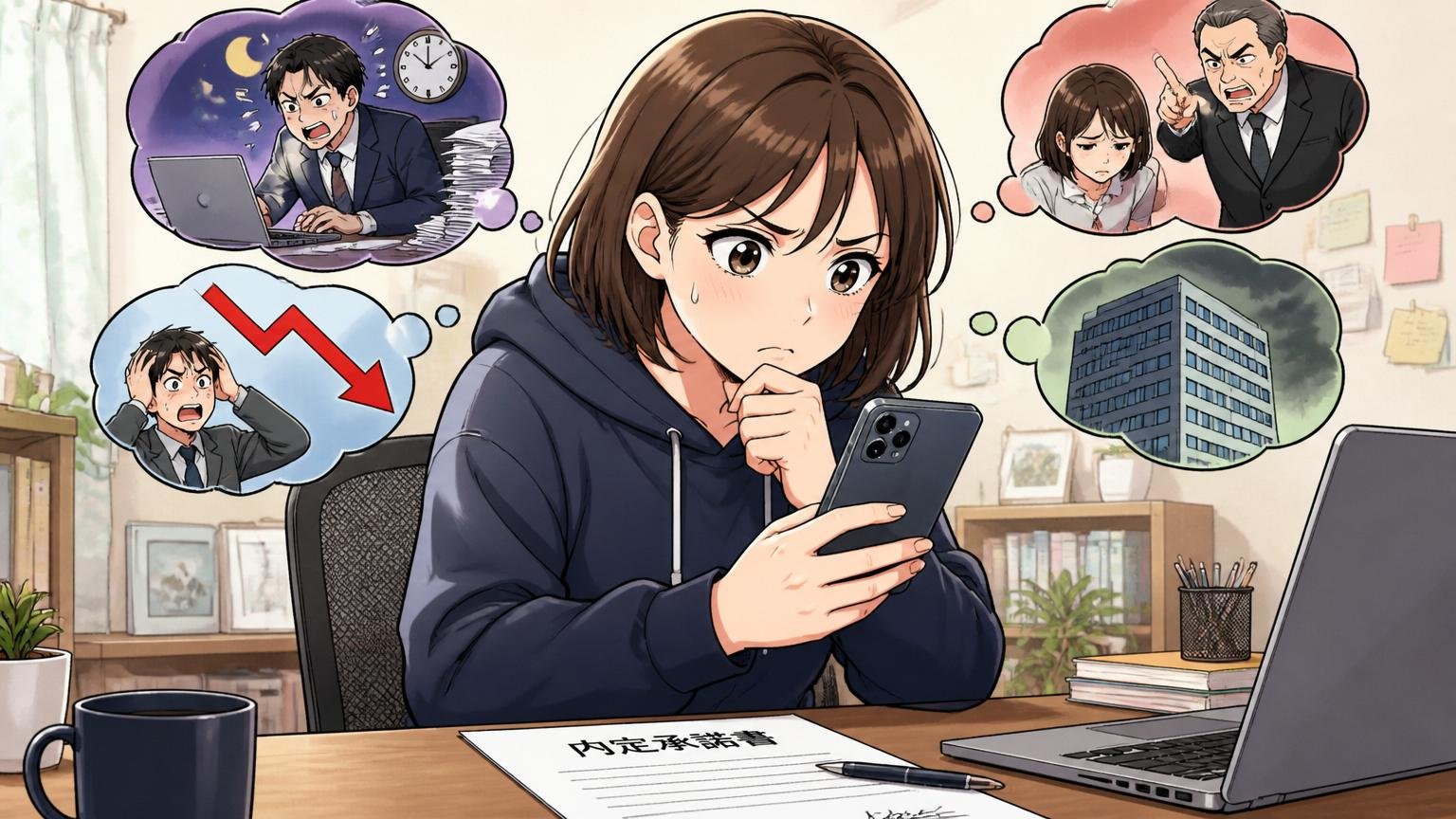 自宅のデスクで在宅勤務中の30代女性エンジニア1人が、内定承諾書を前にスマホで会社評判を検索しながら眉をひそめる場面