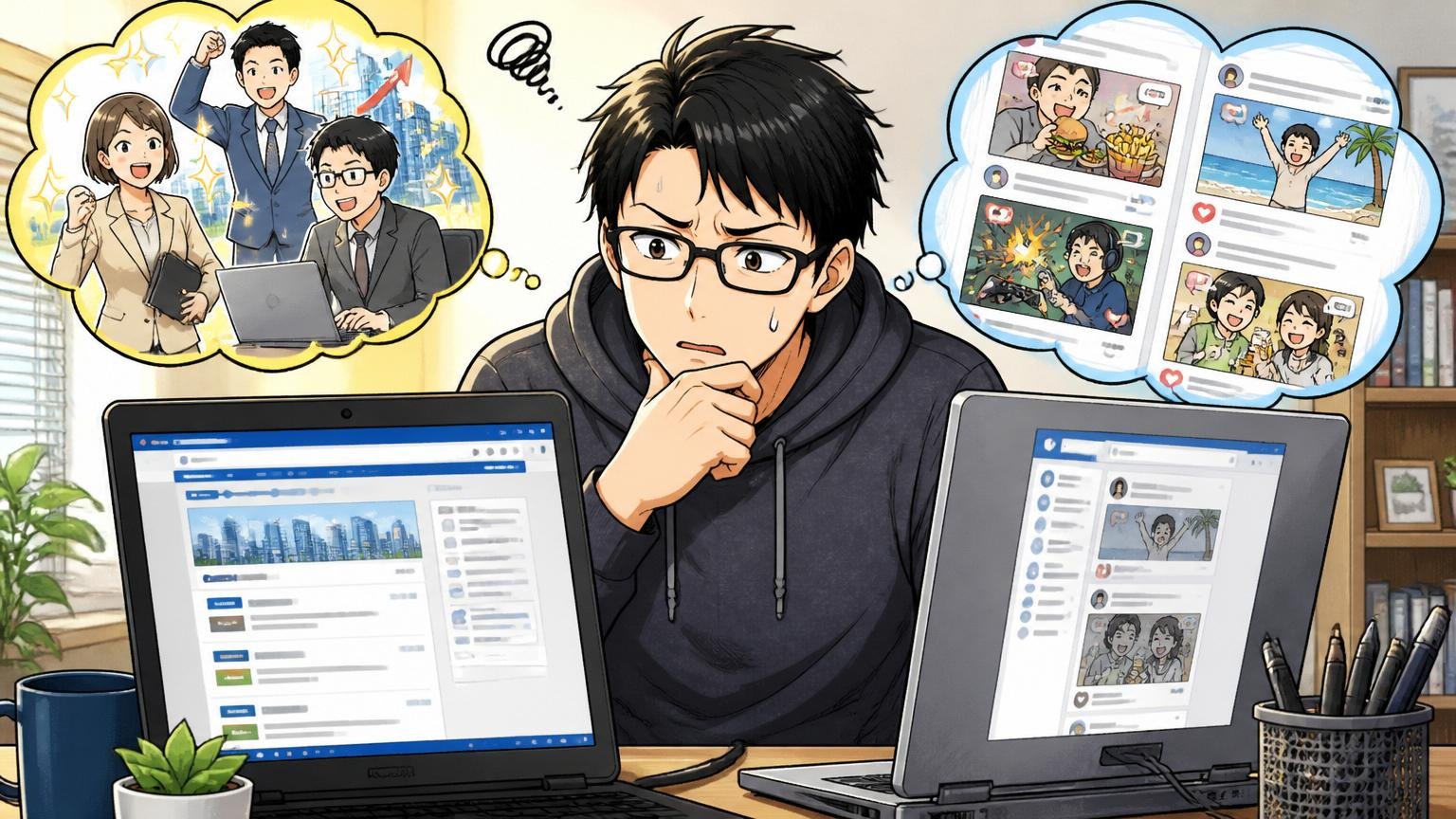 自宅のデスクで在宅勤務の30代男性エンジニアが転職サイトとSNSを並べて見比べて悩む