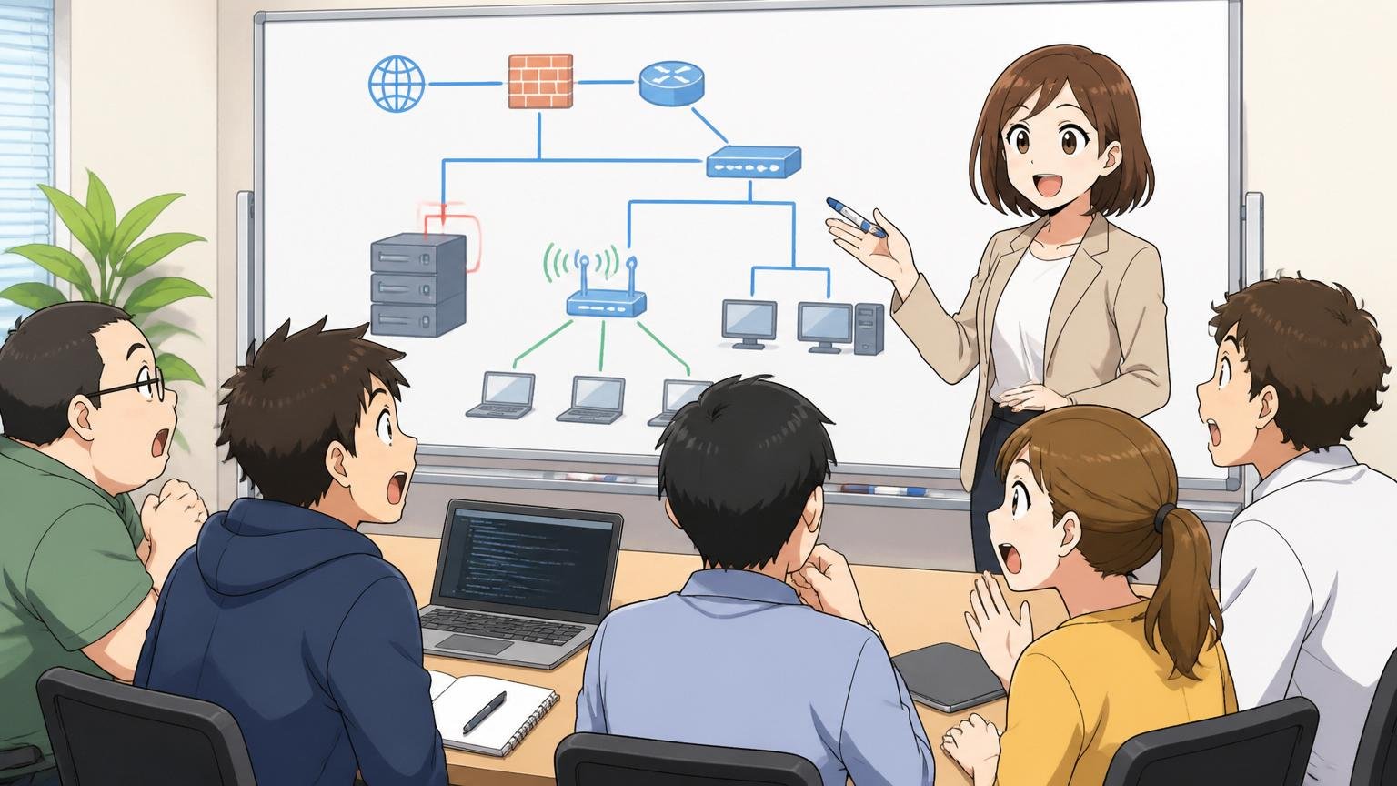 IT企業の研修ルームでホワイトボードの前に立ち未経験社員5人にネットワーク構成図を解説する女性講師