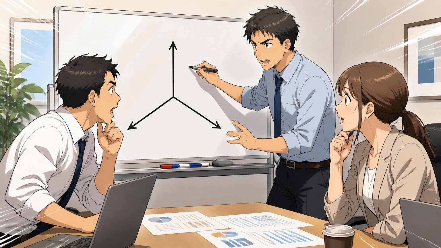 アルゴグラフィックスを判断する3つの軸を解説する場面、企業の会議室、男性2人女性1人、ホワイトボードに3軸を書き出す真剣な表情