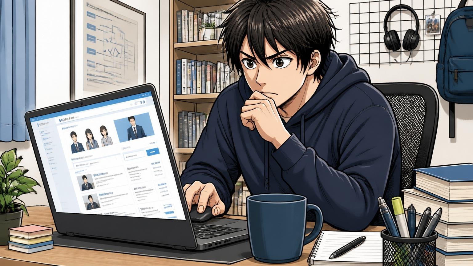 自宅のデスクで在宅勤務中に転職検討サイトを真剣に見つめる20代後半のエンジニア