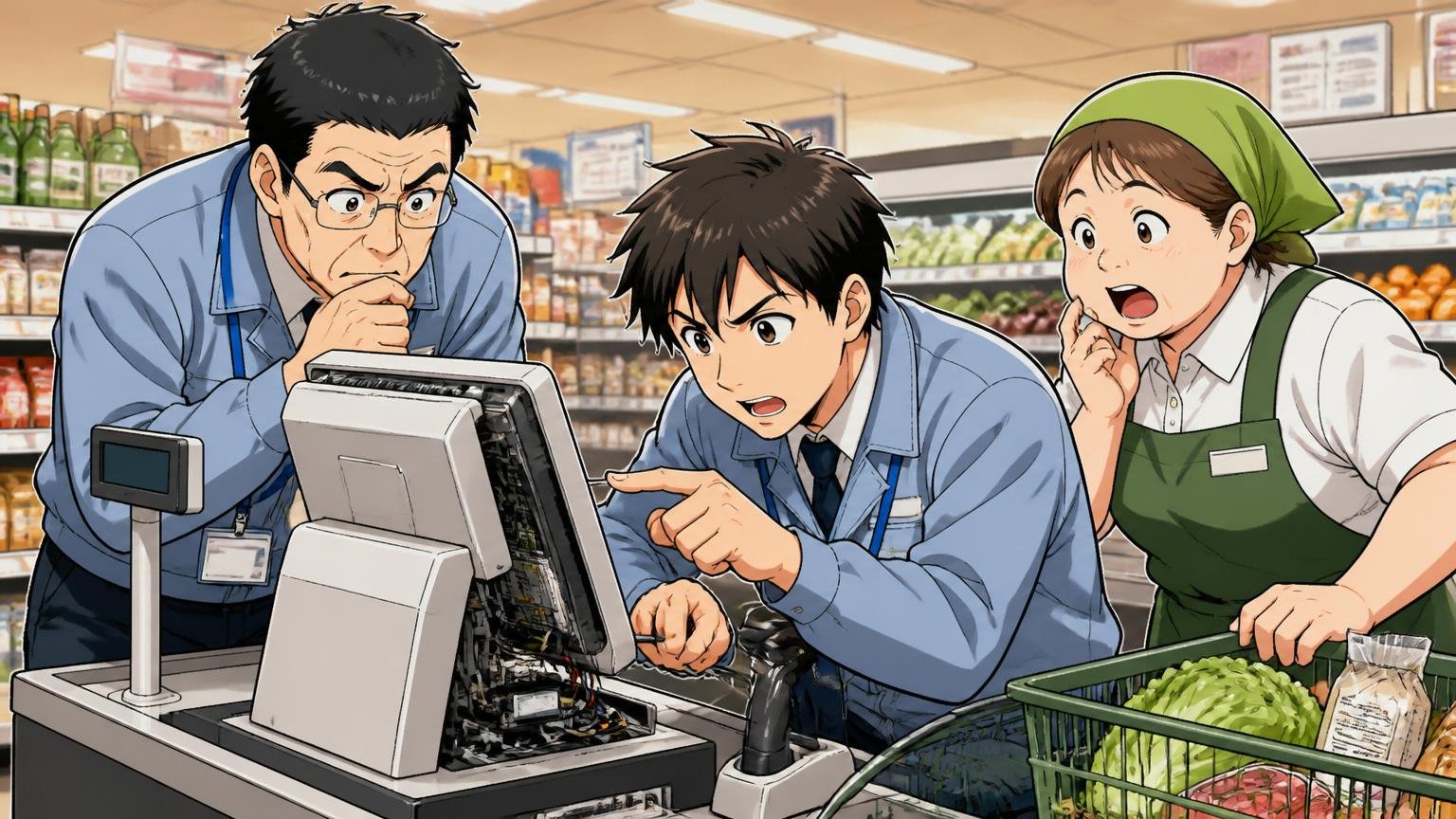 スーパーマーケット店舗のレジカウンターで稼働するPOSシステムを点検する制服姿のエンジニア2人とレジ担当の店員1人