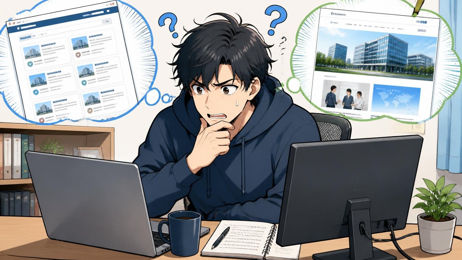 自宅のデスクで在宅勤務中の20代後半男性エンジニアが転職サイトとコーポレートサイトを見比べて悩んでいる