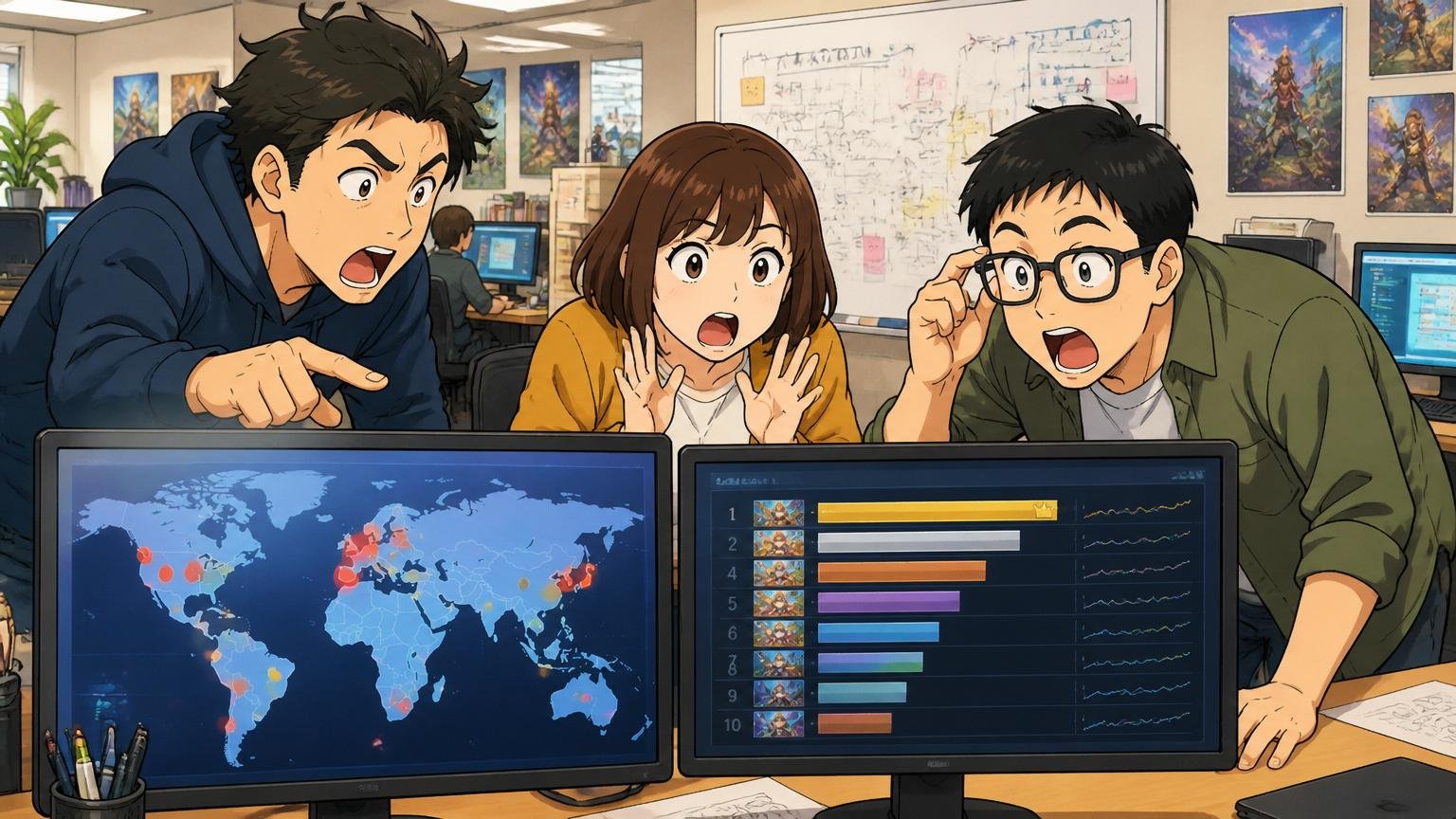 Web系ゲーム会社のオフィスで男女エンジニア3人が世界地図とゲームのセールスランキングを見て驚いている
