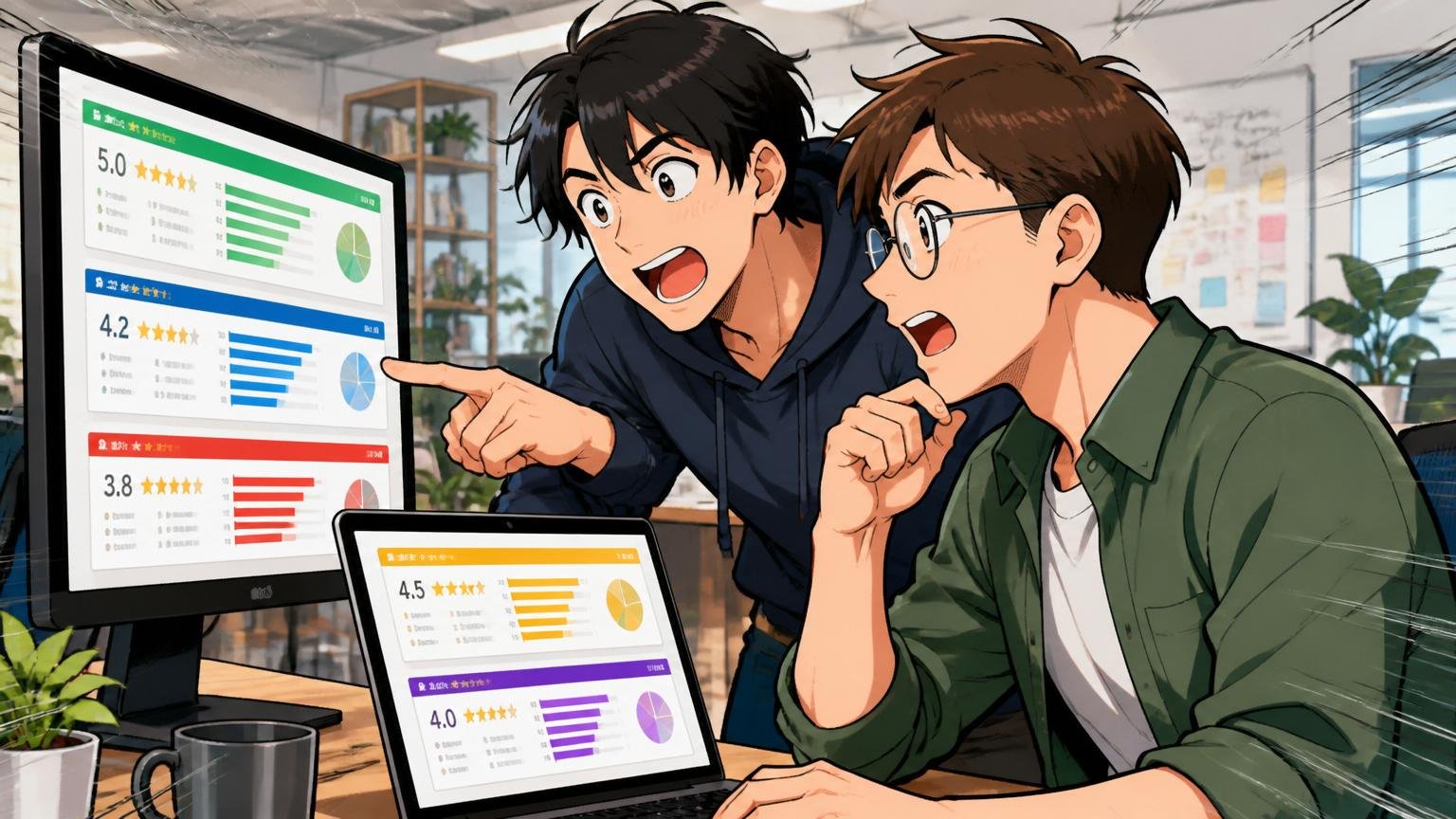 複数の評価サイトを比較するエンジニア2人、Web系スタートアップのオフィスで指差し確認する表情