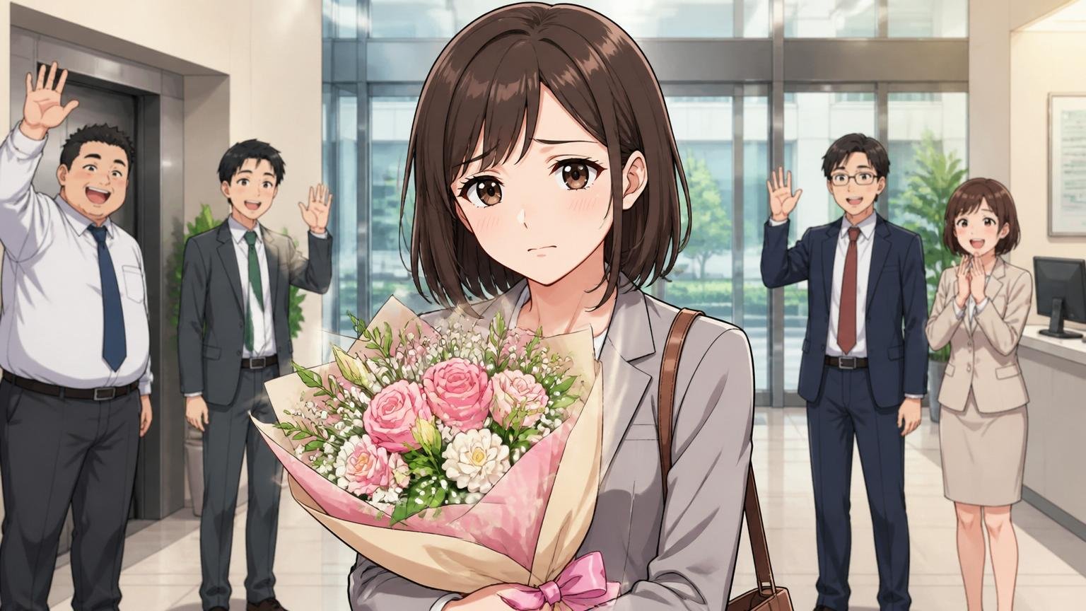 日系IT企業のオフィス入口で送別の花束を持つ20代後半女性社員の少しさみしげな表情