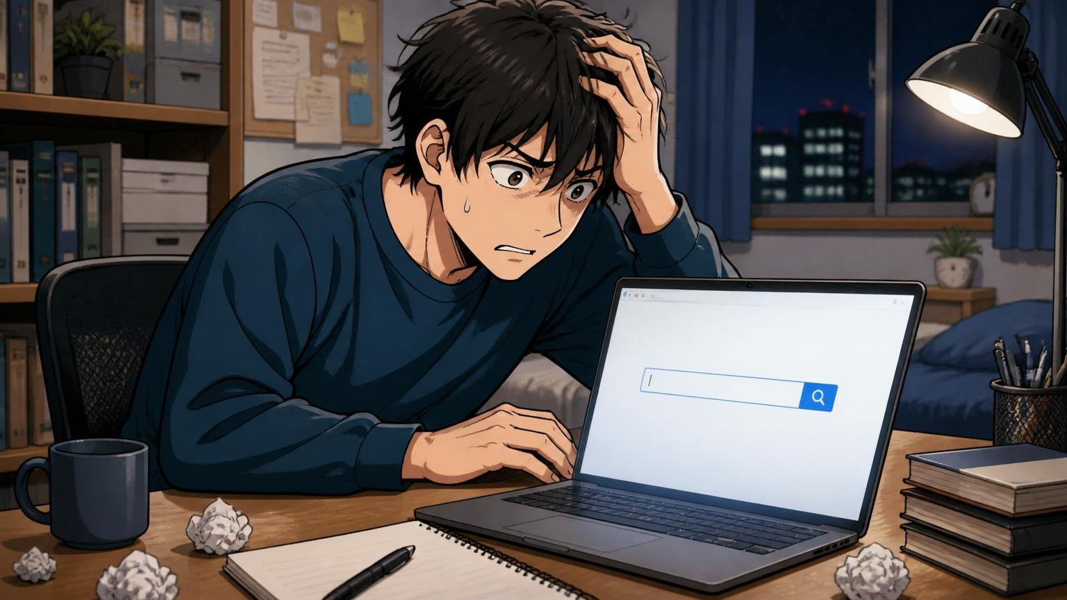 深夜の自宅デスクでノートPCの検索画面を見つめて悩む20代後半男性1人