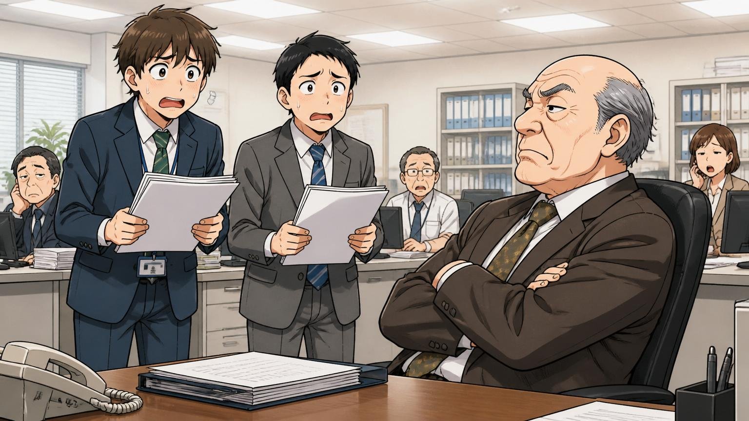 年功序列で能力反映が薄い大企業のオフィスで年配上司の前で書類を持って立つ若手社員2人、表情が困惑