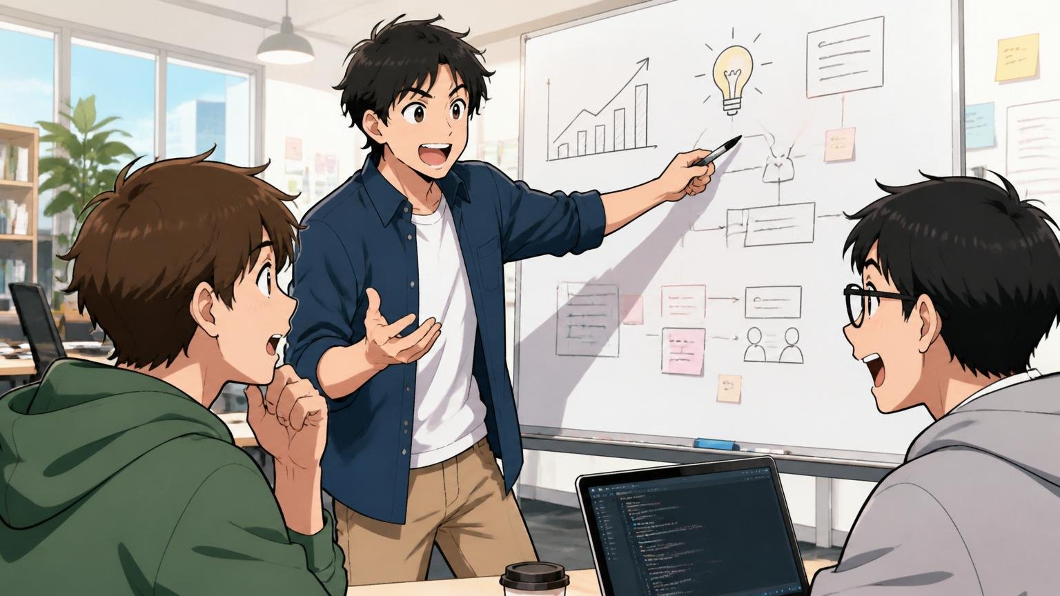 この記事で伝える3つのこと/Web系スタートアップのオフィスでメンター男性が若手2人にホワイトボードを指して説明